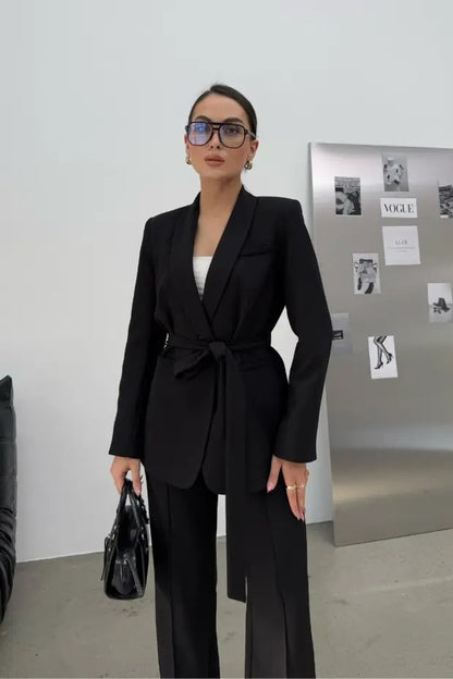 Ladies' Double Belted Blazer Jacket and Trouser Set