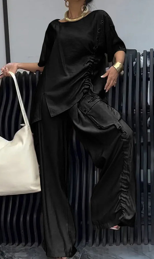 BundleWear™ Ring-Detail Ruched Set | Structural Tee & Wide-Leg Pants Ensemble