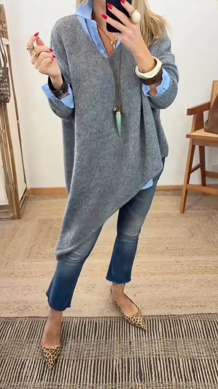 Ladies' V-neck Irregular Casual Slit Versatile Sweater