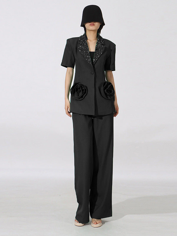 BundleWear™ Rosette Couture Suit | 3D Floral Patchwork & Rhinestone Wide-Leg Ensemble