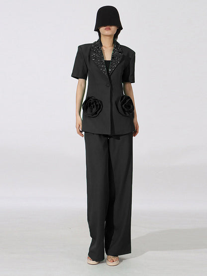 BundleWear™ Rosette Couture Suit | 3D Floral Patchwork & Rhinestone Wide-Leg Ensemble