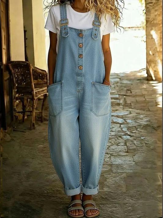 Chic Retro Distressed Denim Jumpsuit for Women - Loose-Fitting Casual Streetwear One-Piece Set - BundleWear