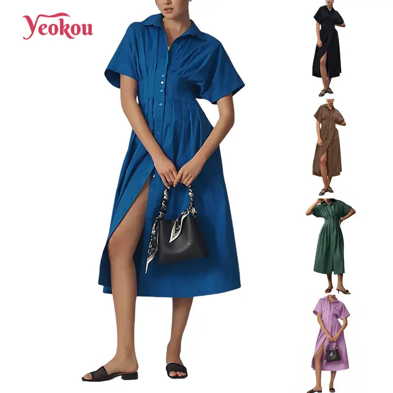 Women's Button-Down Shirt Dress - Short-Sleeve, Loose, Pleated Maxi Sundress with Pockets, Basic Casual Wear for Summer
