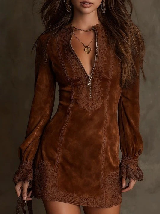 Suede Mini Dress with Lace - MATCHING MASTER
