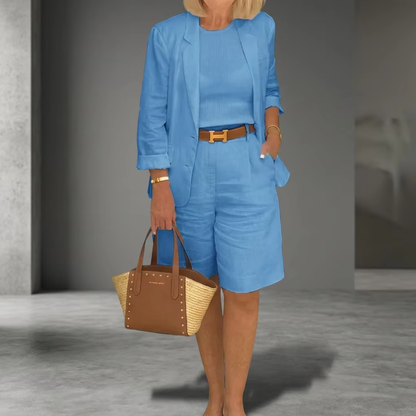 BundleWear™ Linen-Luxe Shorts Set | Two-Button Blazer & High-Waist Relaxed Ensemble