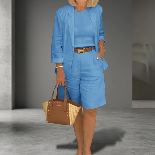 BundleWear™ Linen-Luxe Shorts Set | Two-Button Blazer & High-Waist Relaxed Ensemble