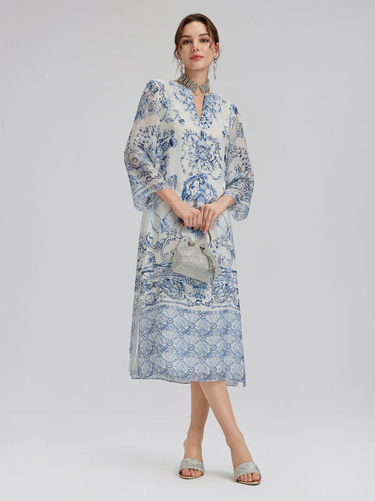 Silk Italian Floral Printed V-Neckline Dress