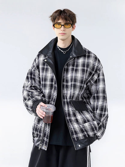 Genuine leather jacket with plaid lining, reversible lapel leather jacket