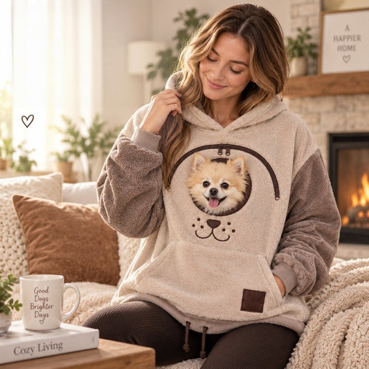 Khaki two-tone sherpa fleece pet carrier hoodie worn with a small dog looking out of the round chest pouch