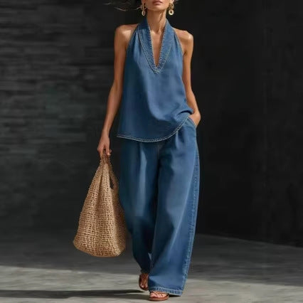 Collared button-down denim top and wide-leg jeans - MATCHING MASTER