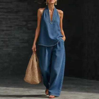 Collared button-down denim top and wide-leg jeans - MATCHING MASTER