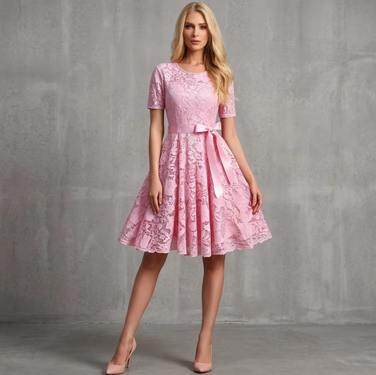 BundleWear™ Floral Lace Bow Dress | Elegant Fitted Cocktail & Wedding Guest Midi