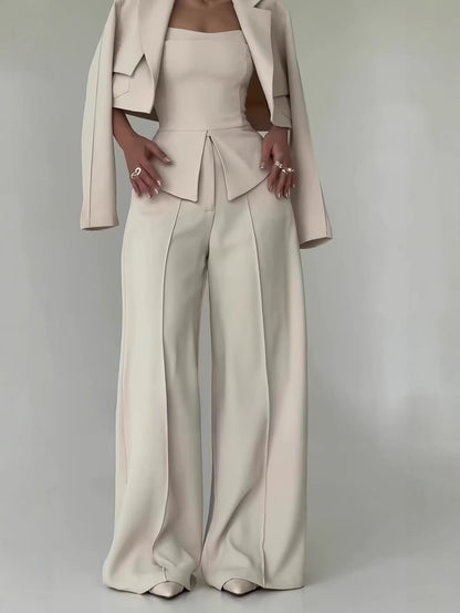 BundleWear™ Tri-Piece Power Suit | Cropped Blazer, Camisole & Peplum-Waist Palazzo Trousers