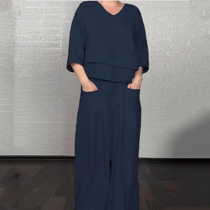 💎 2-Piece Cotton-Linen Set With An Uneven Hem – V-Neck Top + Wide-Leg Pants, Breathable & Effortlessly Stylish