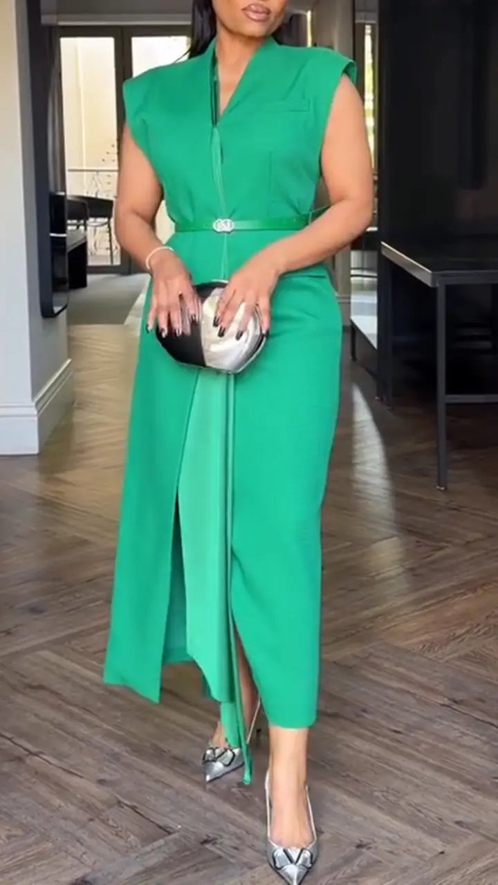 Women V-neck Solid Color Casual Dress with Temperament