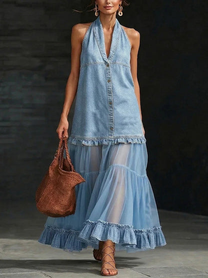 BundleWear™ Denim-Halter Tulle Maxi | Patchwork Bodice & Tiered Ruffle Dress