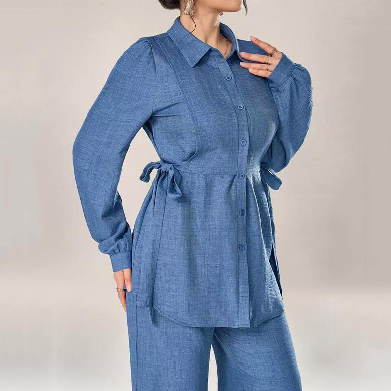 Puff-sleeved, fitted waist tie top + high-waisted wide-leg pants - MATCHING MASTER