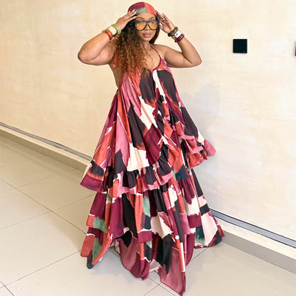 New summer fashion halter-neck ruffled printed patchwork dress - MATCHING MASTER