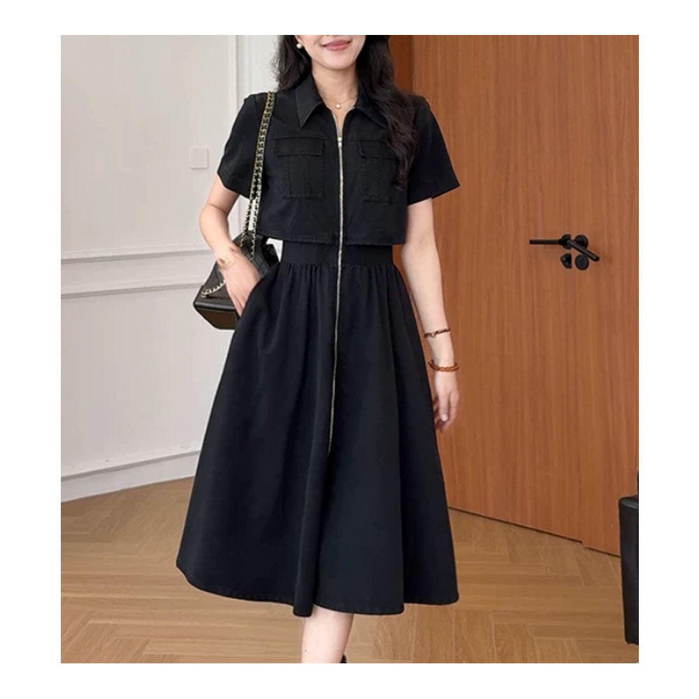 BundleWear™ Utility-Zip Shirt Dress | Faux Two-Piece Mini/Midi with Exposed Zipper