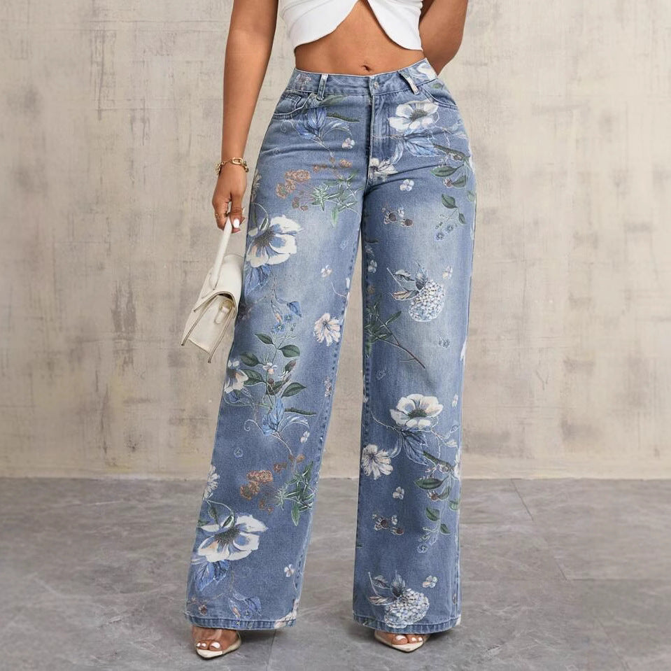 BundleWear™ Botanical Bloom Jeans | All-Over Floral Print High-Waist Wide-Leg Denim