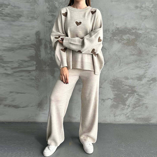 Ladies' Solid Color Hearth Embroidery Round Neck Drop Shoulder Pullover & Sweater Pants Set