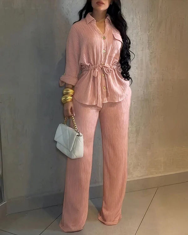Elegant Textured Button-Front Shirt & High-Waist Wide-Leg Trousers Set - Minimalist Commuter Look - BundleWear