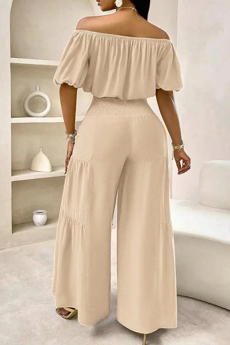 BundleWear™ Bohemian Breeze Set | Off-Shoulder Puff Sleeve Crop & Tiered Wide-Leg Pants