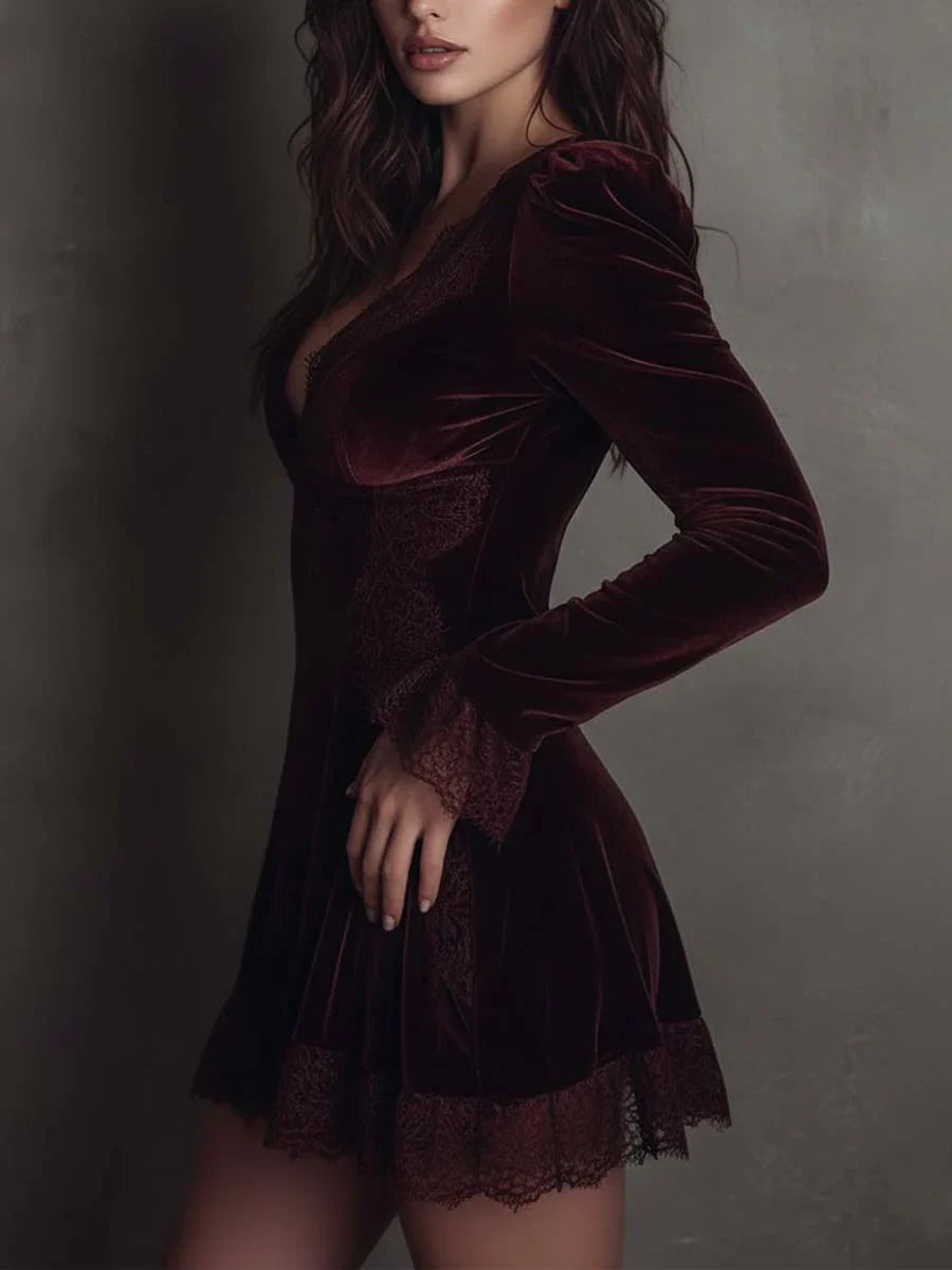 Burgundy Velvet Lace-trimmed V-neck Mini Dress - MATCHING MASTER