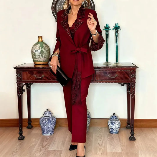 Ladies' Elegant Sequin Lapel Blazer & Pants Set
