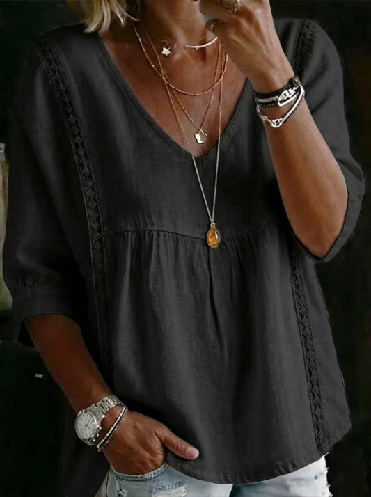 BundleWear™ Lace-Panel Linen Top | V-Neck 3/4 Sleeve Bohemian Pullover