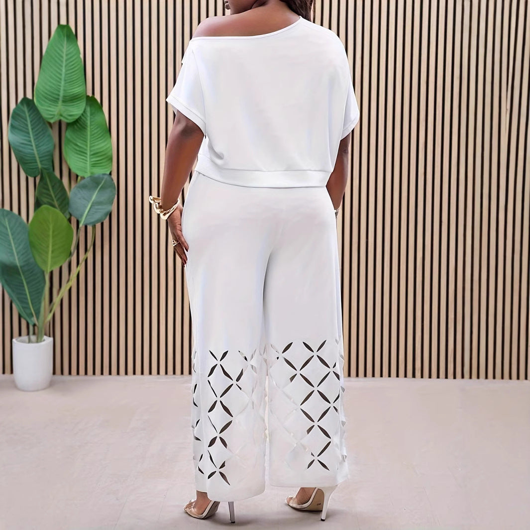 BundleWear™ Diamond-Cutout Set | Embroidered Scoop-Neck Top & Wide-Leg Pants