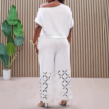 BundleWear™ Diamond-Cutout Set | Embroidered Scoop-Neck Top & Wide-Leg Pants