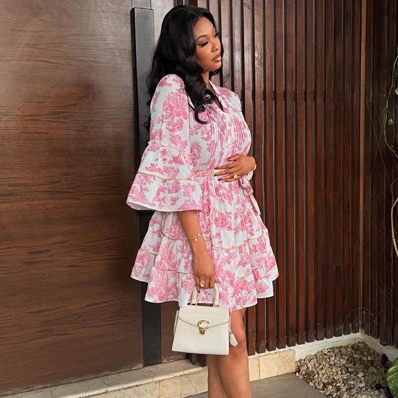 Chic Flare Sleeve Floral Summer Set Look - Sculpting V-Neck Boho Ruffle Mini Dress - BundleWear