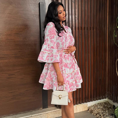 Chic Flare Sleeve Floral Summer Set Look - Sculpting V-Neck Boho Ruffle Mini Dress - BundleWear