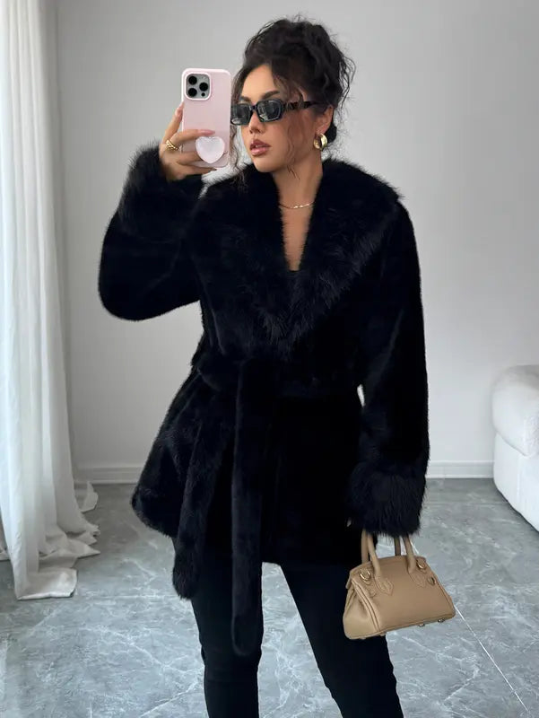 Ladies' winter lace up leopard print faux fur coat