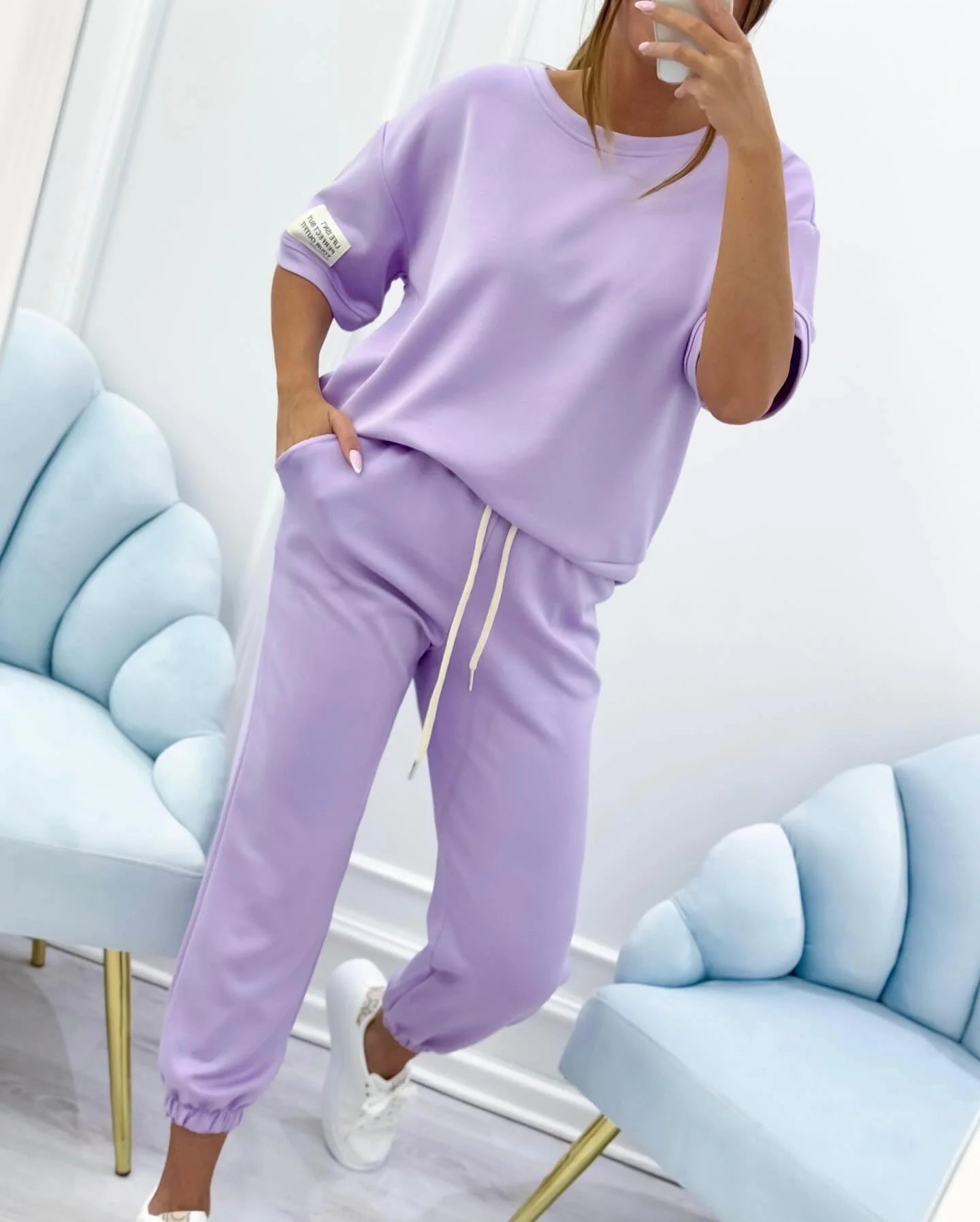 Ladies' casual set with a solid top and pants - MATCHING MASTER