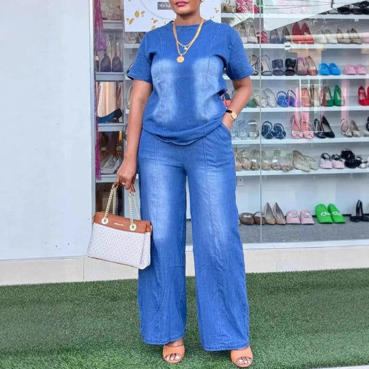 BundleWear™ Sunburst Denim Set | Y2K Acid-Washed Boxy Top & Wide-Leg Pants