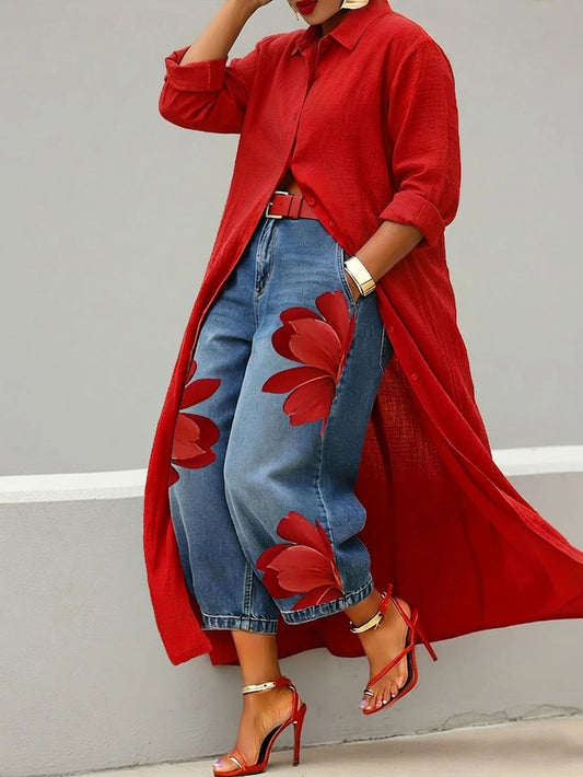 Elegant and casual button-down collar solid color long shirt dress - MATCHING MASTER