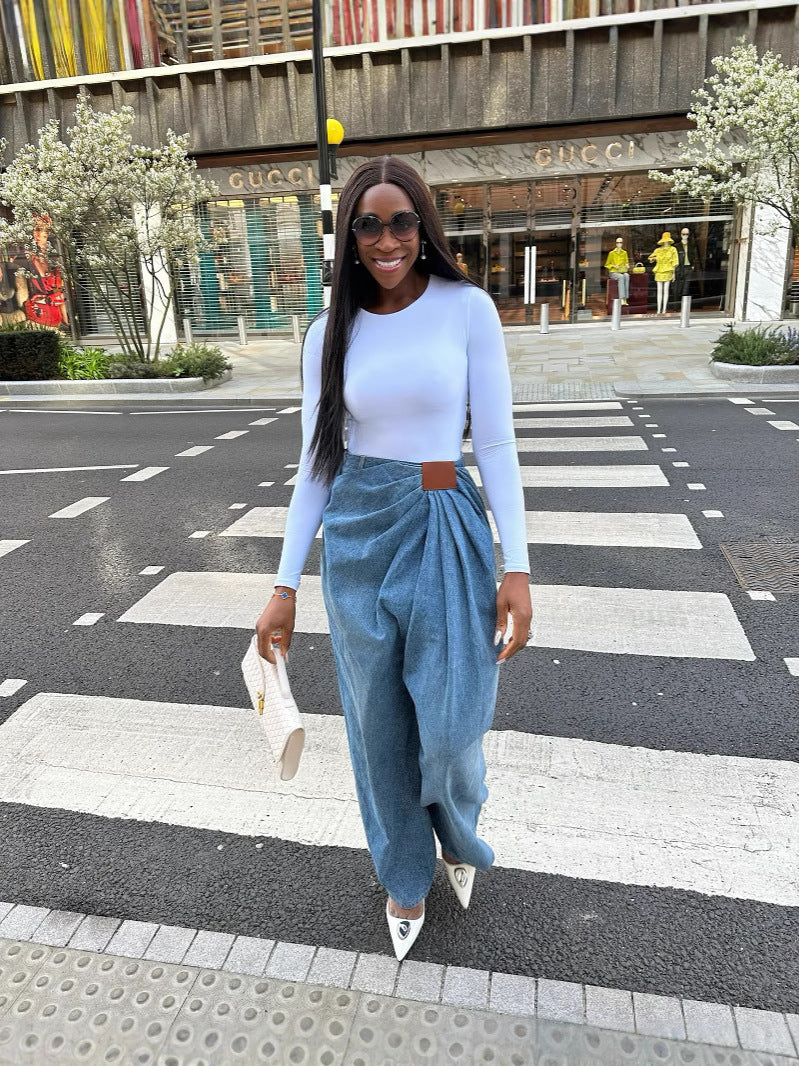 BundleWear™ Fluid Wrap Jeans | Asymmetric High-Waist Drapey Wide-Leg Denim