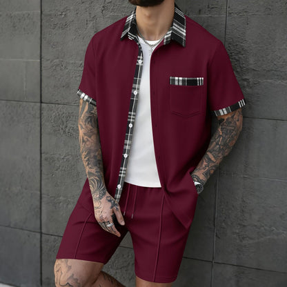 BundleWear™ Plaid-Trim Waffle Resort Set | Camp-Collar Knit Shirt & Drawstring Shorts