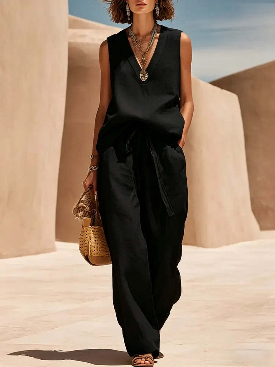 Cotton and linen sleeveless V-neck suit - BundleWear