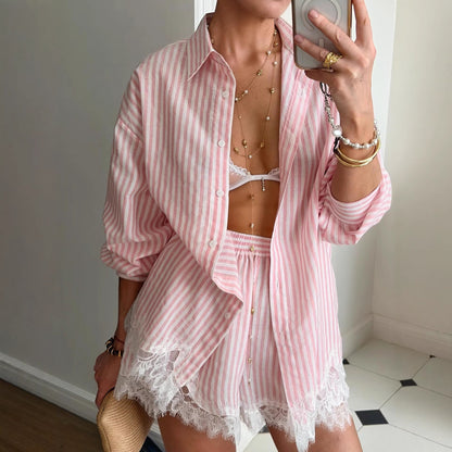 Women's Striped 2-Piece Resort Set - Oversized Button-Down Shirt with Eyelet Lace Trim & Matching Shorts