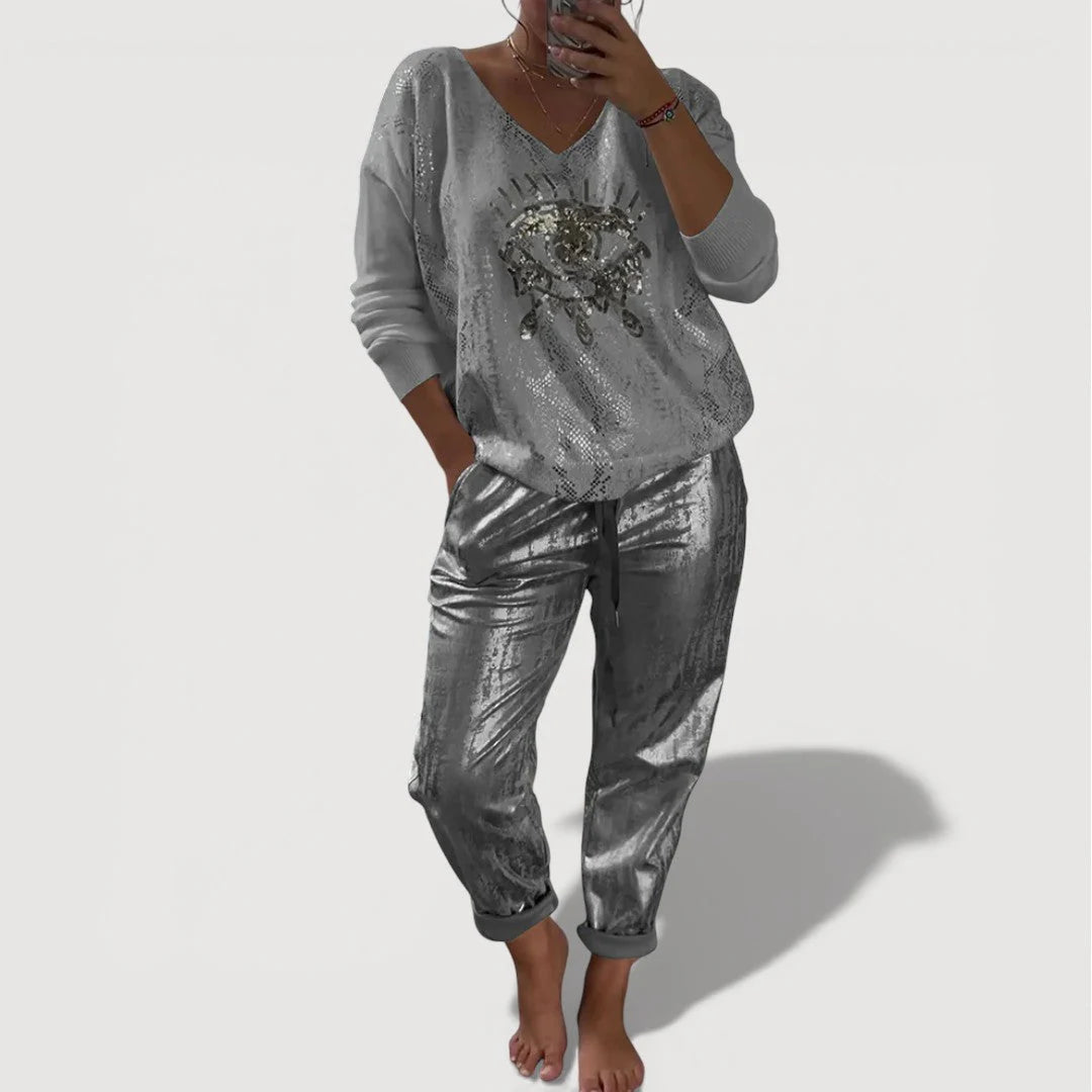 BundleWear™ Starlight Eye Set | Shimmering Graphic Sweater & Metallic Jogger Ensemble