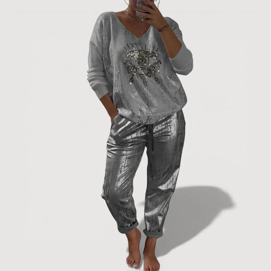 BundleWear™ Starlight Eye Set | Shimmering Graphic Sweater & Metallic Jogger Ensemble