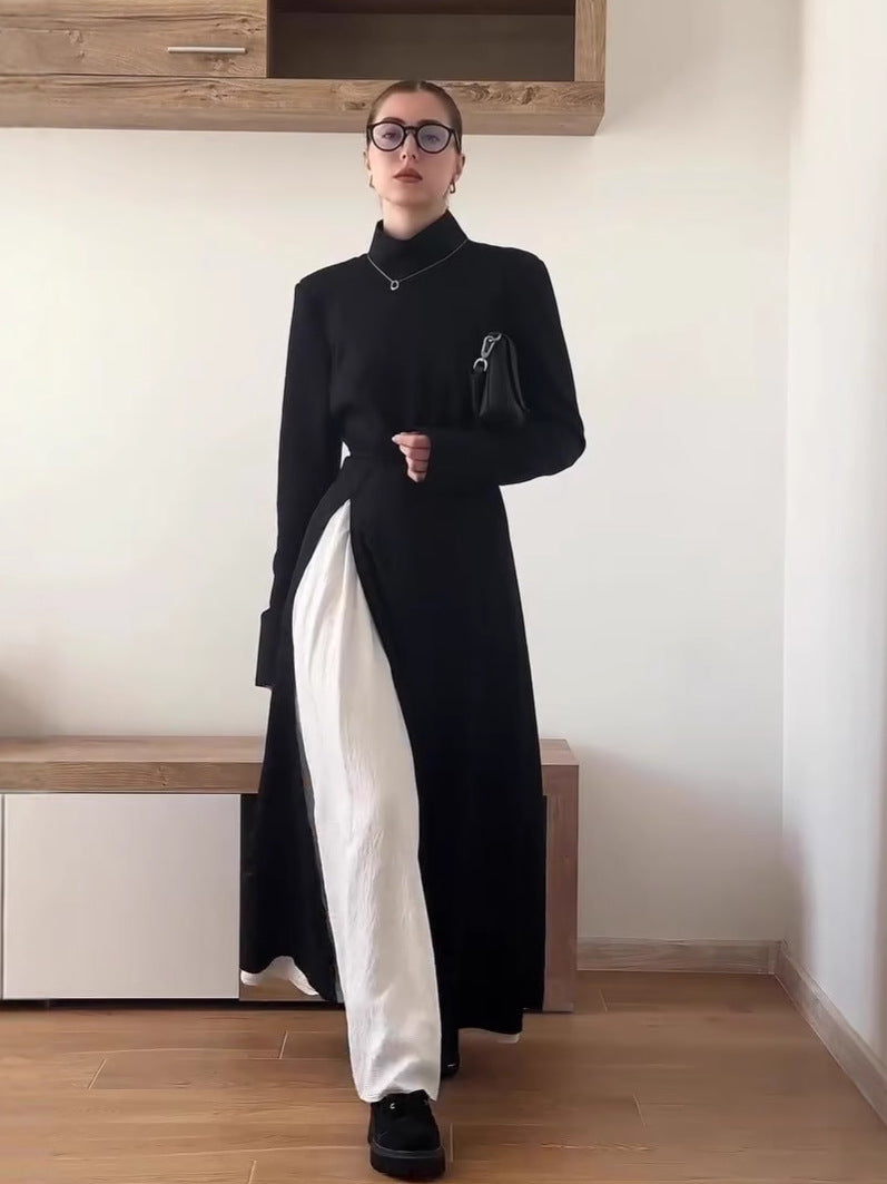 Elegant long-sleeved slit maxi skirt suit