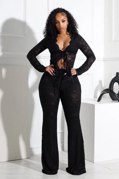Everly Lace Top & Wide Pants Set — Sheer Lace Two-Piece Outfit