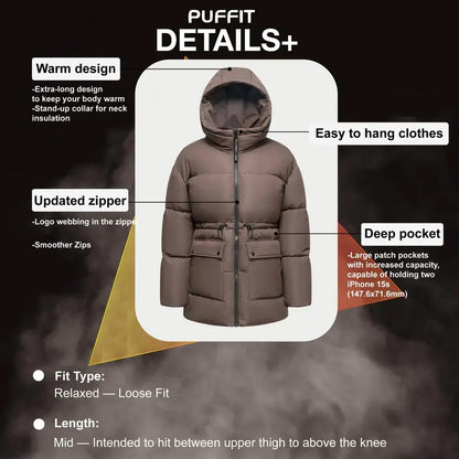 Ladies' Mid Length Puffer Jacket Hood