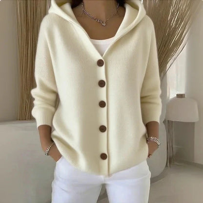 Button-down knit hooded sweater cardigan