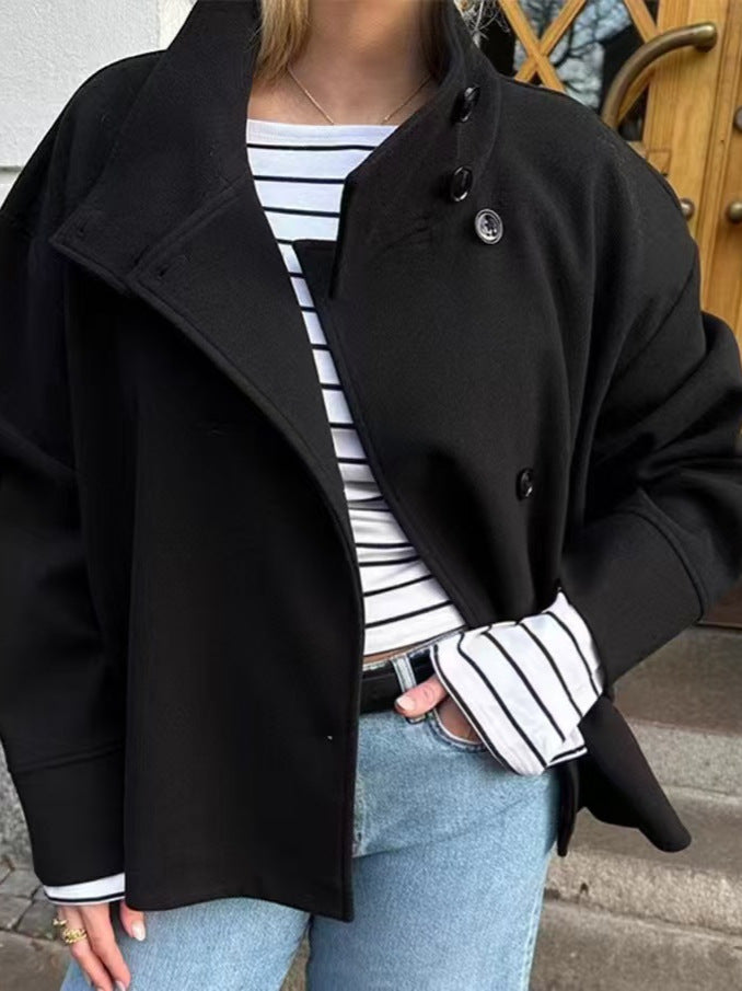 Elegant stand-collar single-breasted loose woolen coat - MATCHING MASTER