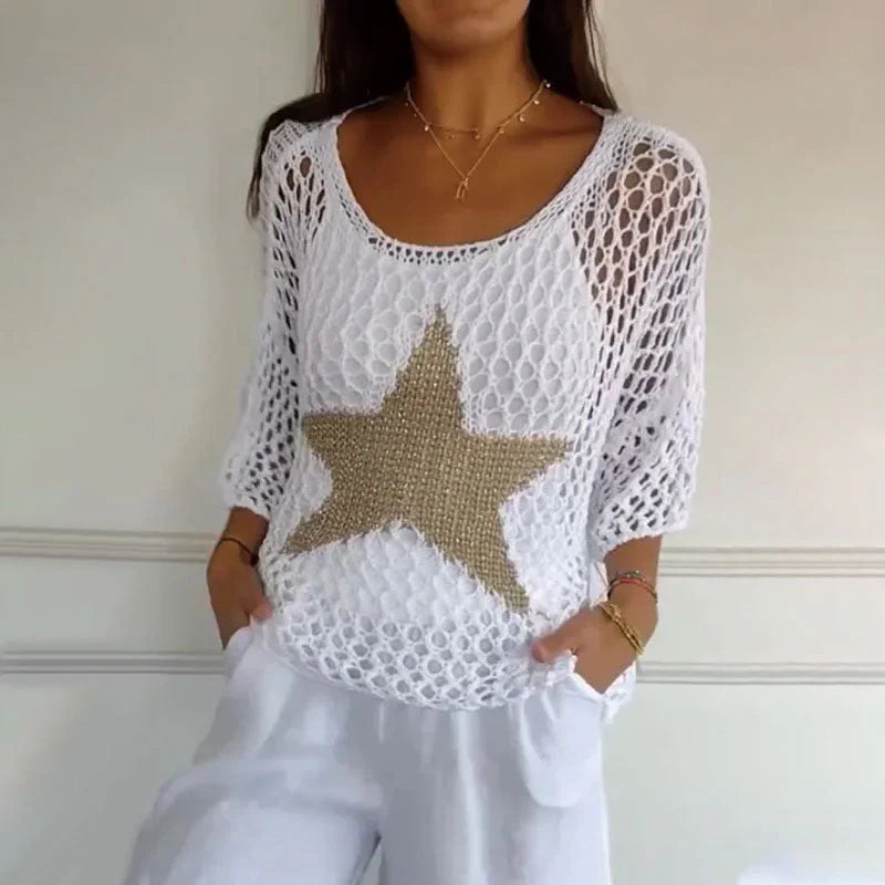 ⌛💥Ladies' Fashion Round Neck Crochet Knit Fishnet Top - MATCHING MASTER